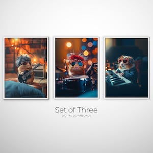 Funny animal art print featuring rockstar guinea pigs in bold detail offering whimsical wall art for a nursery, gameroom, or kids room.