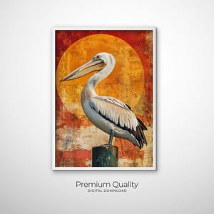 Modern Coastal Art Pelican Painting, Abstract Bird Art for Beach House Decor, Orange Warm Tone Wall Art for Living Room Art Coastal Decor