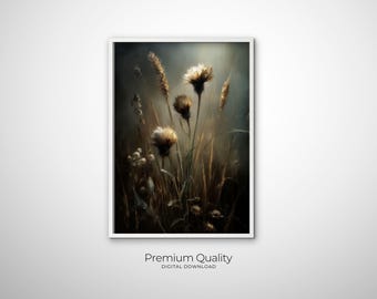 Arte floral oscuro y melancólico, pintura al óleo botánica y de flores silvestres, arte mural, arte floral minimalista inspirado en la naturaleza oscura, decoración floral moderna para pared