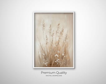 Beige Wildblumen & Boho Blumenwandkunst Minimaler Blumendruck für neutrales Blumendekor mit beiger Blumenleinwand und beruhigender Blumenkunst