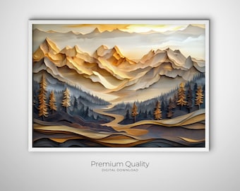 Arte de madera de montaña, decoración de pared con taracea, decoración de cabaña en el bosque, incrustaciones de madera en capas, arte en relieve de madera, obra de arte de roble y acacia