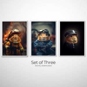 Adorable guinea pigs dressed as a policeman, a mechanic, and firefighter. The perfect artwork for kids rooms, nursery rooms, and playrooms.