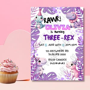 Three-Rex Birthday Invitation | Dinosaur 3rd Birthday Invite | Girl Dino Party | Editable Template
