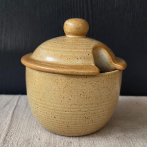 May include: A tan ceramic sugar bowl with a lid and a small knob. The bowl is round with a flared rim and a spoon opening. The surface has a speckled texture. The bowl is likely made of stoneware.