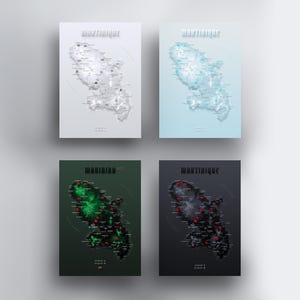 Affiche imprimée design de la Martinique • Carte détaillée des villes, rhumeries et principaux sites touristiques de l'île • 4 coloris
