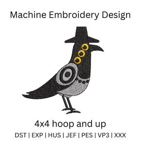 Peut inclure: Motif de broderie machine représentant un oiseau noir stylisé portant un chapeau avec trois cercles jaunes. L'oiseau a un motif circulaire sur son aile et se tient sur deux fines pattes. Le texte "4x4 hoop and up" est en dessous.