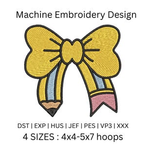 Pencil Bow Machine Embroidery Design, Teach Embroidery Design, 4x4 Hoop School Embroidery Design, Back to School