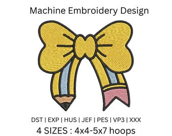 Pencil Bow Machine Embroidery Design, School Theme (Instant Download)