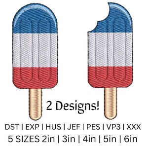 May include: Two embroidered popsicle designs, one whole and one with a bite taken out. The popsicles feature red, white, and blue stripes, with a wooden stick. The text "2 Designs!" is below the popsicles, along with size options from 2 to 6 inches.