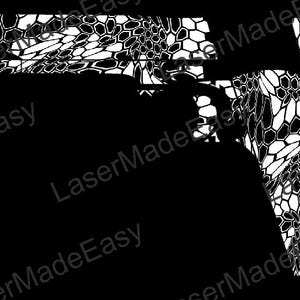 May include: A white and black patterned handgun design. The design features a repeating geometric pattern, with a black background. The image is a graphic representation of a firearm, suitable for decals or similar applications.