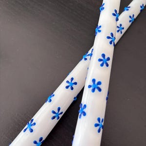 Blue Flower Design 10in Tapered Candle, Hand-Painted Design