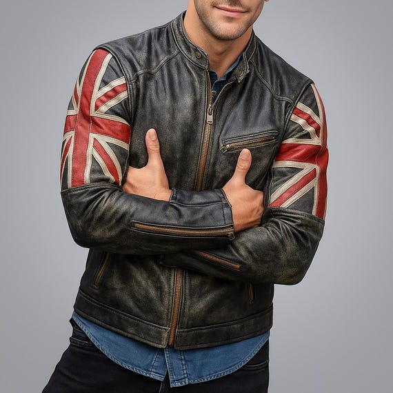 Union Jack Triumph Motorrad Lederjacke Herren Herren Motorrad
