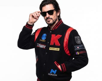 DJ Kavinsky Nightcall Inspired Varsity Bomber Jacket - Embroidered Patches Letterman Jacket