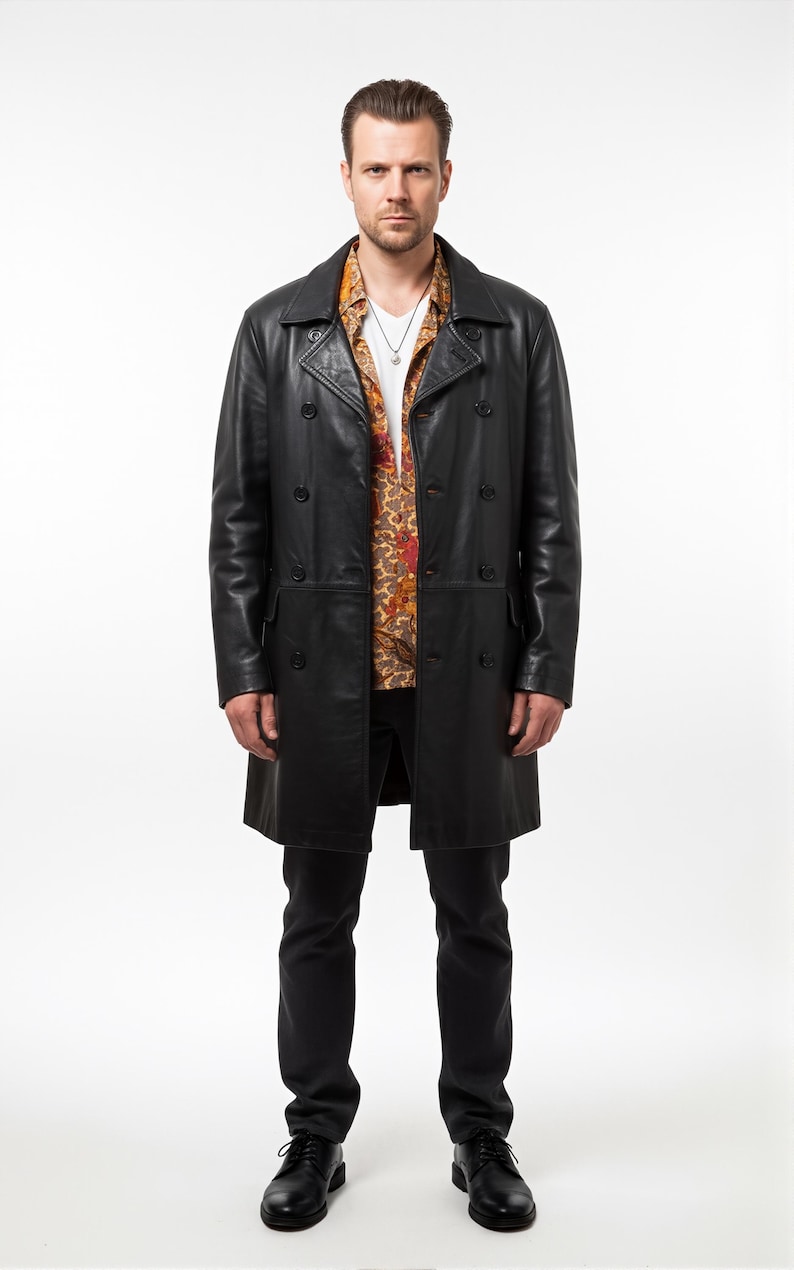 May include: A full-length shot of a person wearing a black leather trench coat over a patterned shirt and white undershirt. The person is also wearing black pants and black dress shoes. The coat has a double-breasted design.