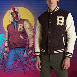 Hotline Miami Game Accurate Cosplay Jacket, Wool and Leather Sleeves Gaming Jacket, Unisex Varsity Jacket