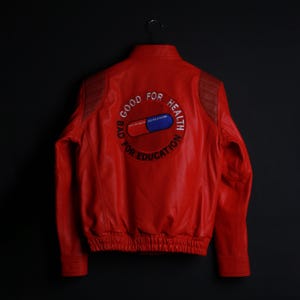 Akira Kaneda Iconic Red Leather Biker Jacket, Akira Capsule Jacket, Emobroiderd Good for Health Bad for Education Patch Bomber Jacket