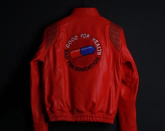 Akira Kaneda Iconic Red Leather Biker Jacket, Akira Capsule Jacket, Emobroiderd Good for Health Bad for Education Patch Bomber Jacket