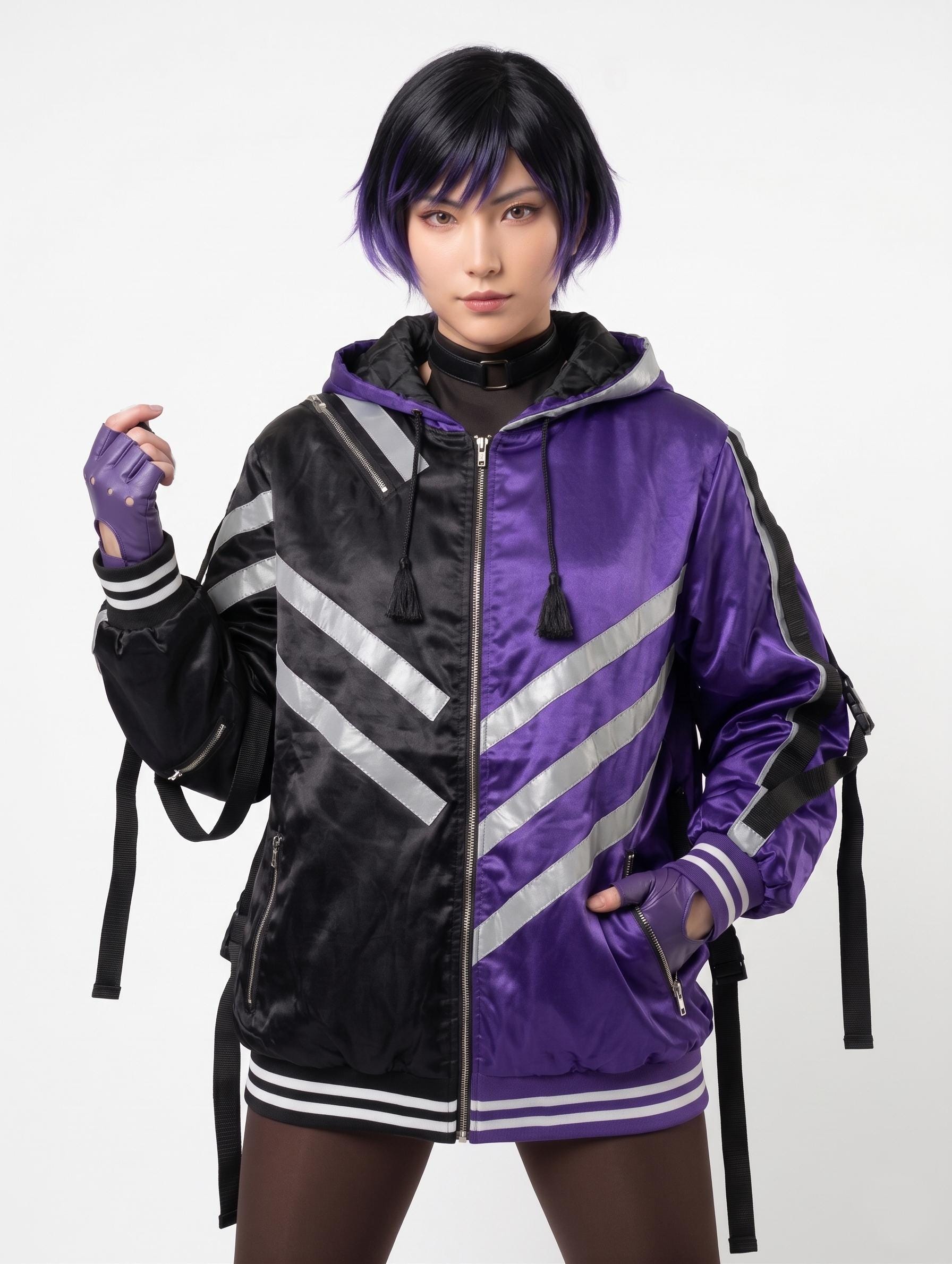 Tekken 8 Reina Mishima Satin Cosplay Jacket, Black Purple Silver