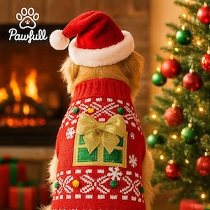 Pode incluir: Um cão vestindo um suéter de Natal vermelho e um chapéu de Papai Noel. O suéter apresenta um laço dourado, um design de janela verde e padrões de flocos de neve brancos. O cão está em frente a uma árvore de Natal e uma lareira.