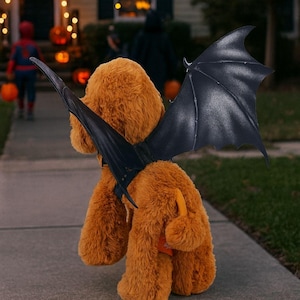 May include: A brown dog wearing a black bat wing costume, walking on a sidewalk. The dog is facing away from the camera, with a Halloween-themed house in the background. Other children are trick-or-treating.