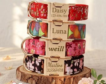 Personalized Adjustable Dog Collar And Bow, S M L, Engraved Buckle ID Tag, Japanese Cherry Blossom Floral Print, Gold Painted Hardware