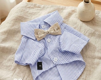 Dog Button-Up Shirt with Bow Tie, Short Sleeve Striped, Lightweight Polyester, Photo Party Outfit