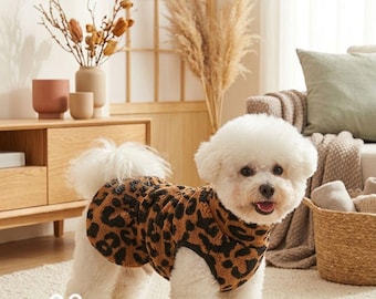 Leopard Print Fleece Dog Vest Hoodie, XS-XL, Sleeveless Warm Winter Coat for Small Dogs
