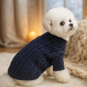 May include: A small white dog wearing a navy blue cable-knit sweater. The dog is sitting on a white rug, with a cozy, neutral-toned background. The sweater has a classic design, providing warmth and style for the pet.