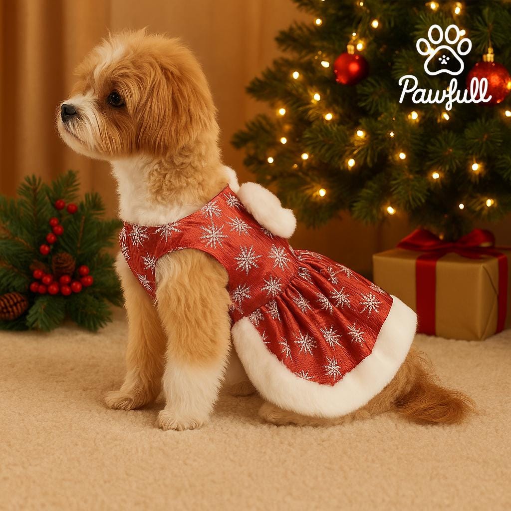 犬用クリスマスドレス、リボン付きレッドスノーフレーク衣装、小型犬用