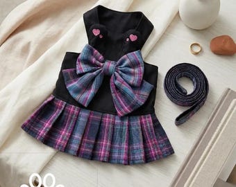 Plaid Dog Harness Dress with Matching Leash, Black Upper Pink Hearts, Flared Skirt D-Ring Bow