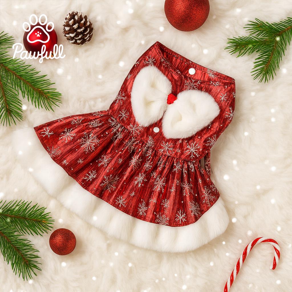 犬用クリスマスドレス、リボン付きレッドスノーフレーク衣装、小型犬用