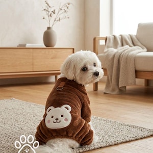 Dog Fleece Jumpsuit Overalls Coat, S-L, D-Ring Leash, Elastic Legs, Bear Patch, Autumn Winter Dogs Cats