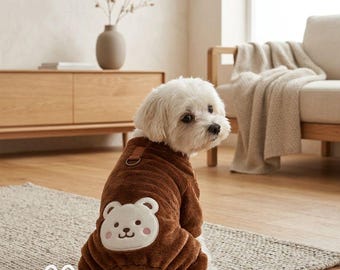 Dog Fleece Jumpsuit Overalls Coat, S-L, D-Ring Leash, Elastic Legs, Bear Patch, Autumn Winter Dogs Cats