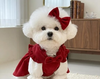 Red Corduroy Dog Dress & Headbow Set, XS-XXL, Warm Autumn Winter Party Outfit with Bows for Small Dogs
