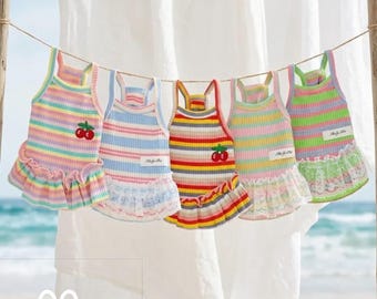 Lace Striped Dog Dress, Cat Vest for Small Dogs & Cats, Summer Daily Walks, Cotton Lace Suspenders Skirt
