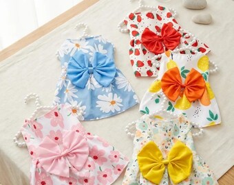 Sleeveless A-Line Dog Dress XS-XXL, Floral Strawberry Print, Back Bow, Party Outfit for Small Dogs