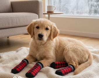 Non-Slip Dog Socks 4 Pack, Grip Rubber Soles Paw Print, Soft Cotton S-L Paw Protection Dogs Cats