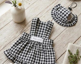 Small Medium Dog Plaid Dress & Hat Set, Black White Gingham, Ruffled Birthday Party Costume