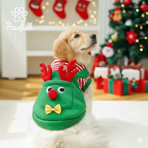 May include: A golden retriever puppy wearing a green and red Christmas-themed dog sweater. The sweater features a reindeer design with red antlers, a red nose, and a yellow bow tie. The background includes a Christmas tree and wrapped gifts.