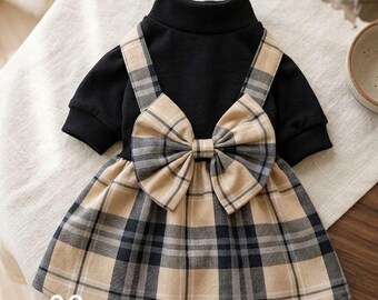 Plaid Dog Dress, Black Fitted Bodice Short Sleeves, Beige Black Pleated A-Line Skirt, Large Bow Back, Party Outfit