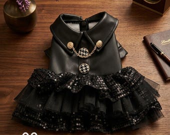 Faux Leather Sequin Tulle Dog Dress XS-XL, Holiday Party Outfit for Small Dogs & Cats