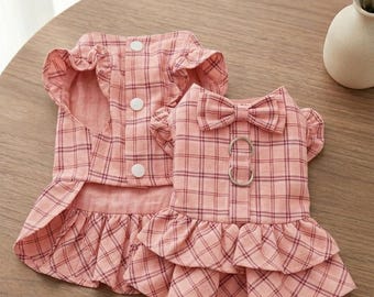 Plaid Sleeveless Dog Dress with Harness, 100% Cotton A-Line, D-Ring, Ruffles & Bow