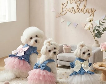 Dog Tutu Dress, Denim Bodice, Layered Tulle Skirt & Bow, Ruffled Special Occasion for Dogs