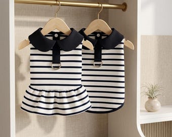 Black & White Pattern Dog Dress for Girls, Adjustable Buckle, Cotton Polyester Blend, Machine Washable, Everyday All Seasons