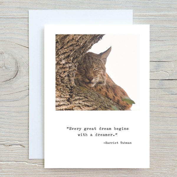 Inspiring note card featuring  bobcat cat lover gift wildlife photography art inspirational quotes Harriet Tubman wildlife graduations