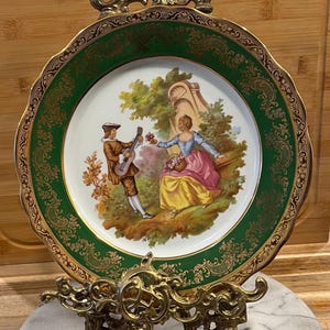 Limoges Porcelain Decorative Plate / Green and Gold with Fragonard image