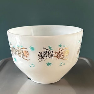 Vintage Federal Glass MCM Heat Proof White Milk Glass  Acorn Design in Teal and Metalic Gold/ 1.5 Qt/ Federal Glass Whipping and Mixing Bowl