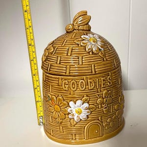Vintage Cookie Jar/Retro Beehive Cookie Jar/Vintage Ceramic Beehive Cookie Jar with the word &quot;Goodies&quot; on it
