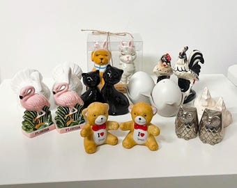 Tier Salz und Pfefferstreuer/Eier/Hähne/Hühner/Hühner/Schwarze Katzen/Rosa Flamingos/Bären/Katzen/Hunde/Truthahn/Eulen - Keramik/Metall