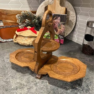 Vintage Hand Carved Wooden folding Tray Floral